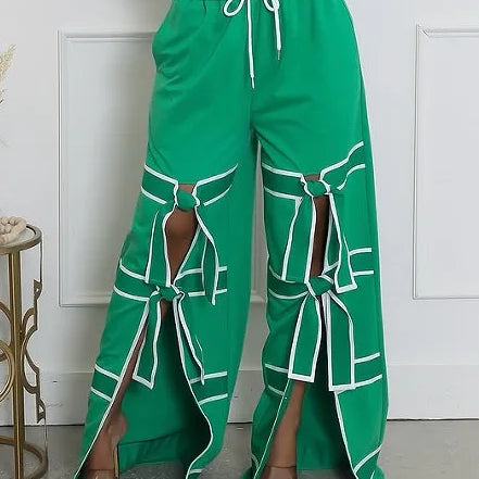 CM.YAYA Fashion Women Striped Patchwork Bowknot Split Wide Leg Jogger Pants 2025 Summer Active Sporty Classic Trousers Green