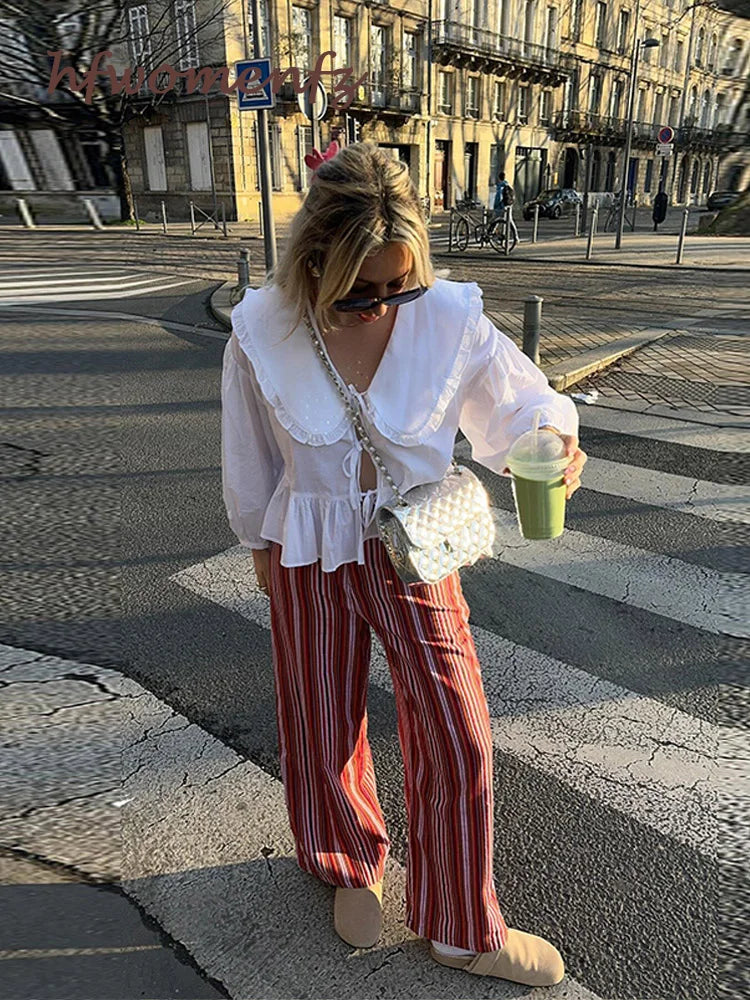 Chic Lace Up Pleated Women Shirts Blouses Lantern Sleeve White Female Streetwear Loose Spring Summer Lapel Elegant Lady Top