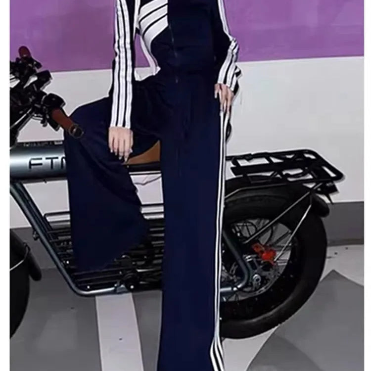 Striped Sports Set Women's Autumn/Winter Fashion Contrast Color Zipper Coat Long Sleeve Casual Wide Leg Pants Two Piece Set