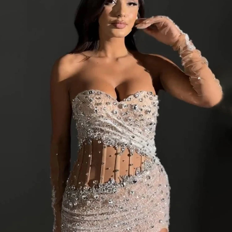 Beige Sequins Strapless Long Dress Backless See Through Mesh Crystal High Slit Celebrity Party Evening Gowns With Gloves