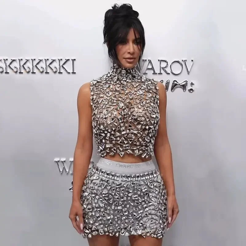 Sparkling Diamonds Sexy See Through Blackless Tank Top And Skirt 2 Pieces Woman Set Birthday Party Vestido