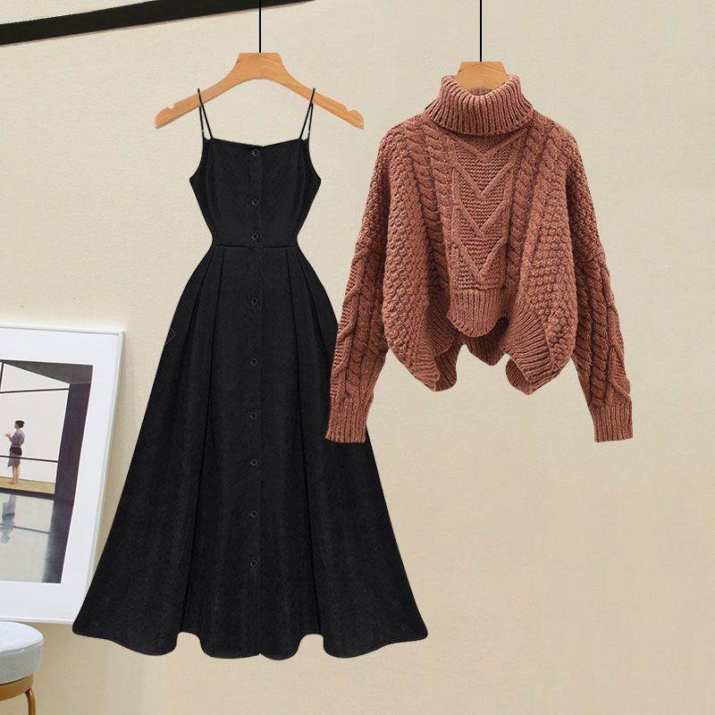 Women's Spring Autumn Single/outfits 2024 New Age Reducing Slim Covering Sweater with Waist Wrapped Dress Two Piece Set Set-04