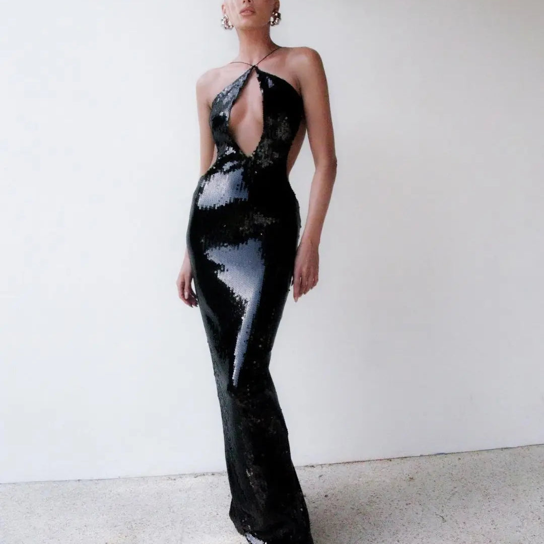 Women'S Gold Sequins Luxury Party Gown Sexy Backless Long Dress For Wedding Banquet Party Female Clothing