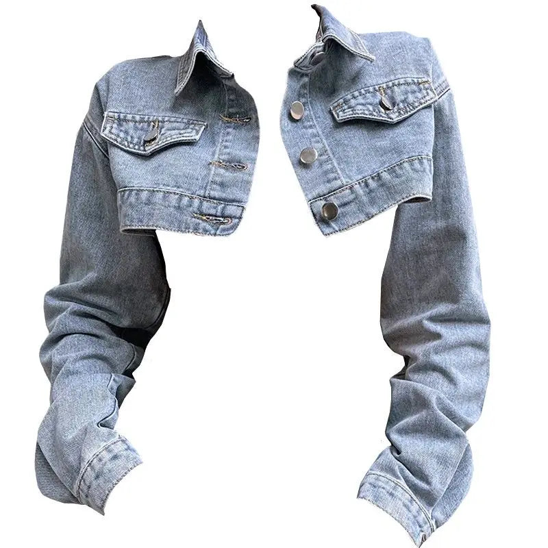 Deeptown Vintage Long Sleeve Crop Denim Jacket Women Fashion Jeans Bomber Jackets Cardigan Coat Spring Casual Coats Clothes Blue