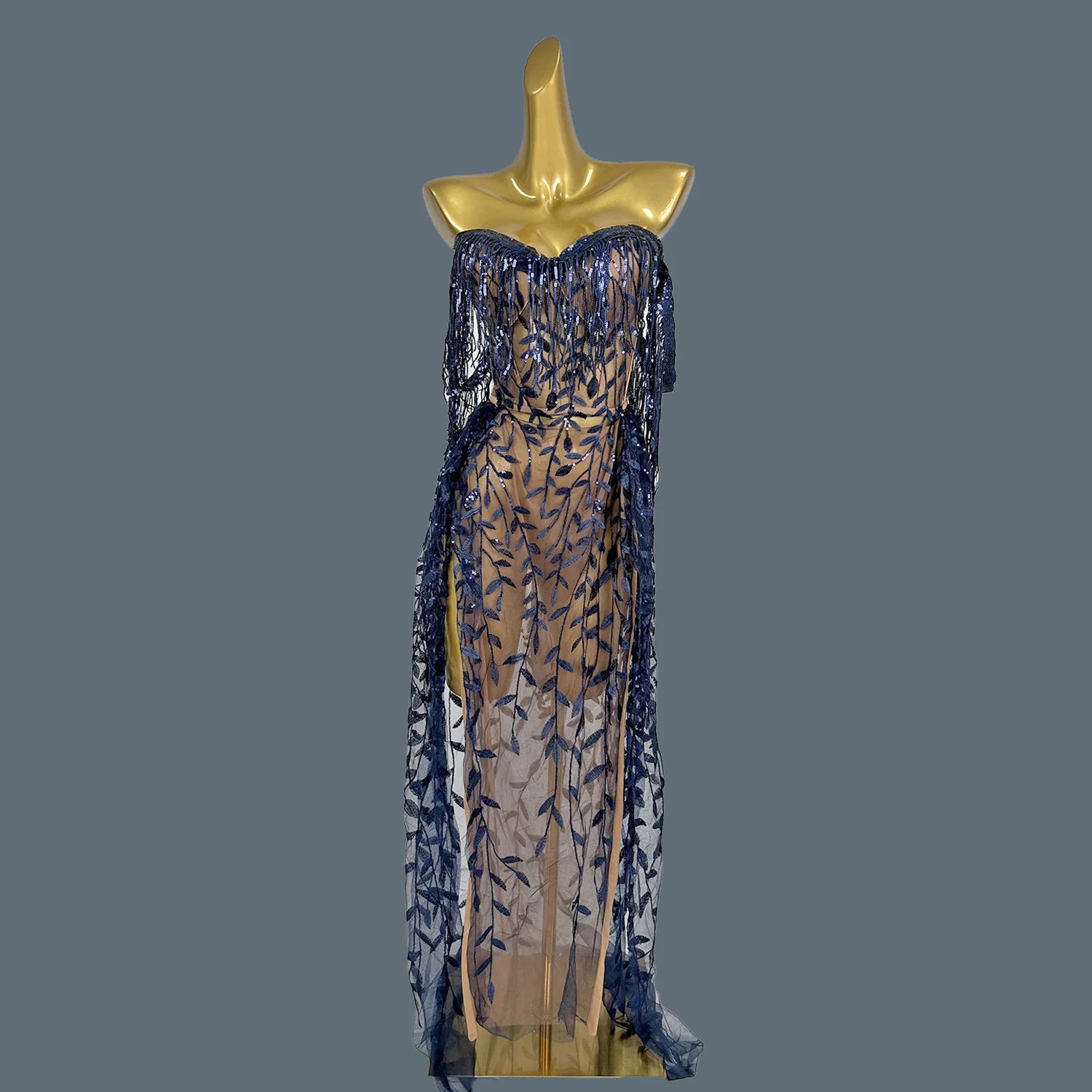 Women Sequins Dress Party Birthday Maxi Dress for Lady Strapless Tassel Gowns Prom Singer Stage Club Show Wear High-end Liushu Blue One Size