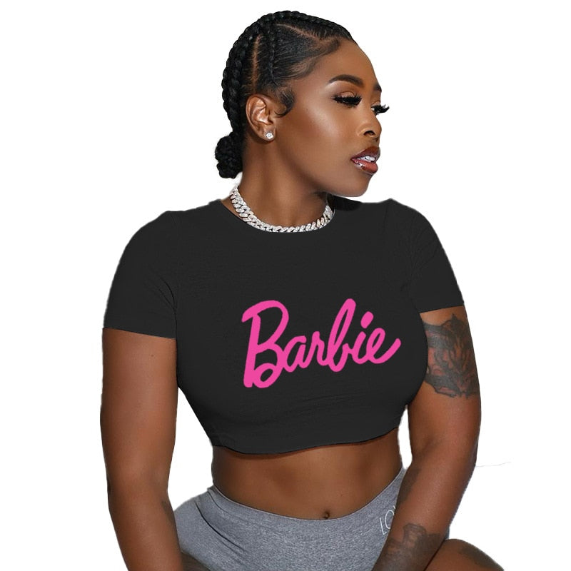 Sexy Fashion Barbie Girls Short Crop Top Anime Kawaii Ladies Slim Tank Short Sleeve Y2K Casual All-Match Summer T-Shirt Clothes black