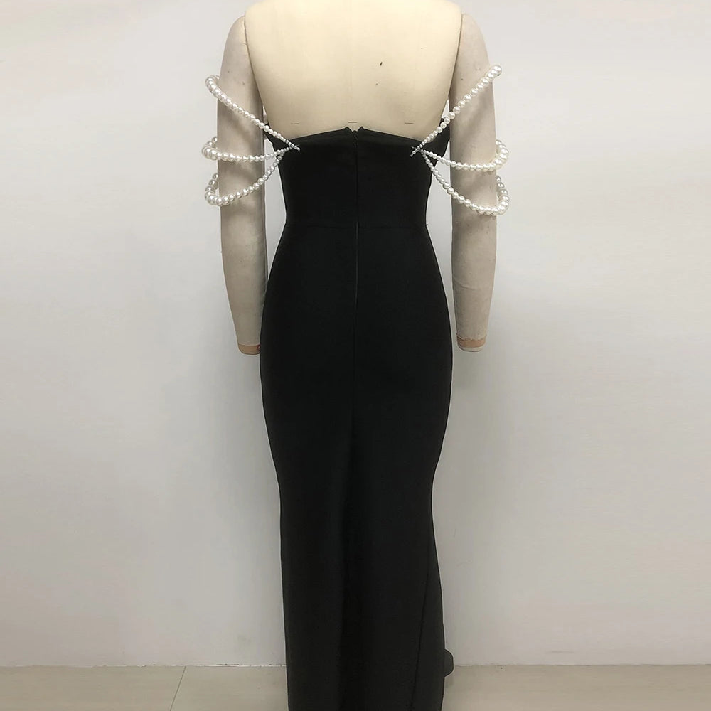 Women Sexy Black Pearl bead Maxi Long Bodycon Bandage Dress 2025 Celebrity Elegant Evening Club Party Luxury Birthday Gowns