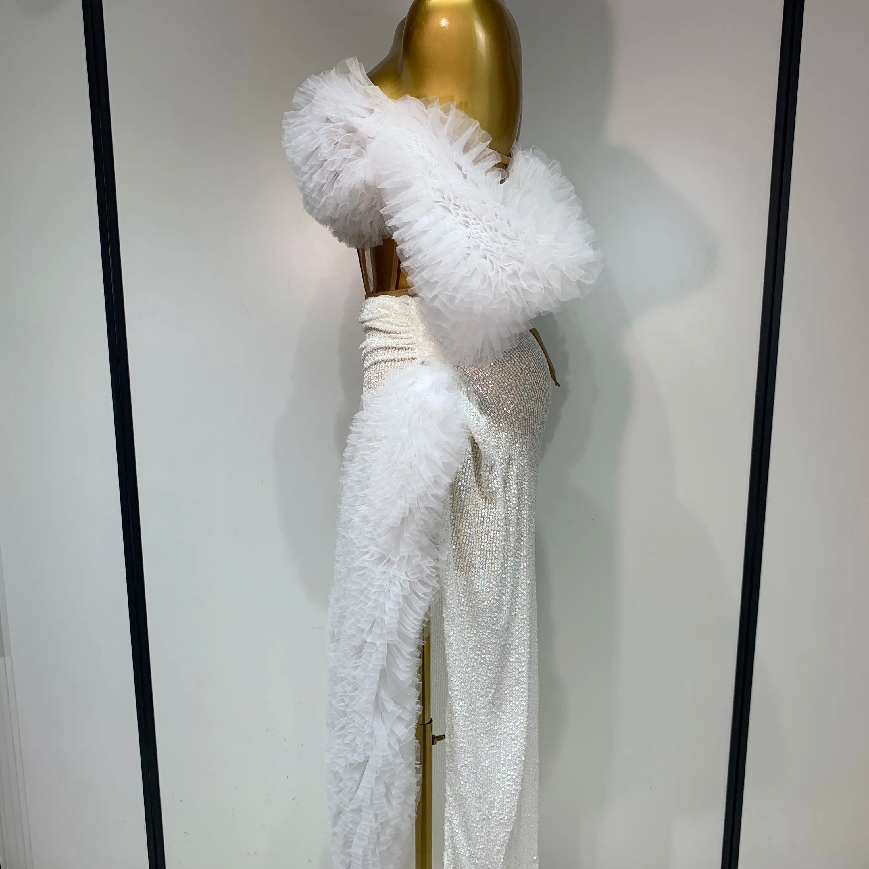 Women Elegant Sparkly Sequins Top Long Skirt Two Pieces Set Evening Party Luxury Birthday Nightclub Singer Dancer Stage Outfit