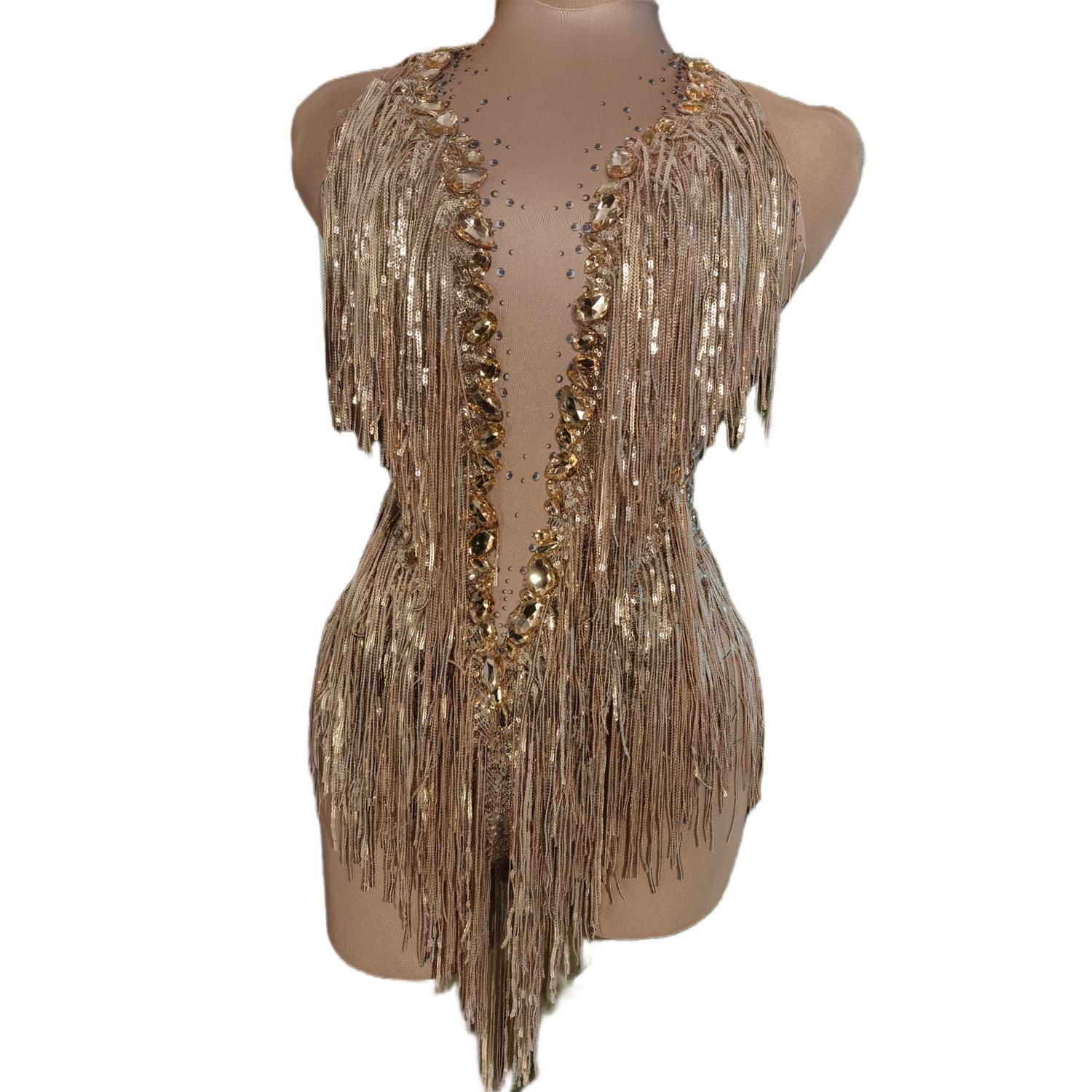 Women Nightclub Outfit Dance Costume One-piece Stage Wear Sexy Performance Clothing Sparkly Black Stones Sequins Fringes Leotard Gold