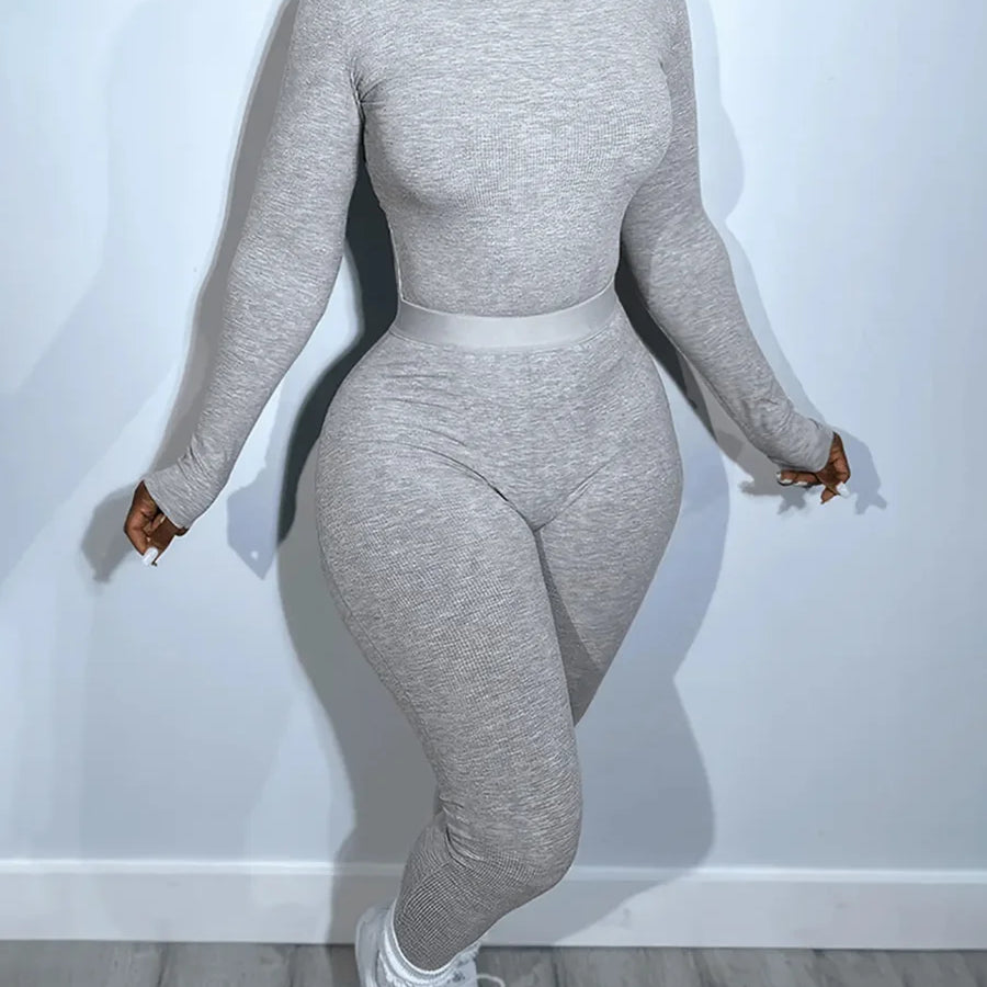 LW Plus Size casual Two pieces sets solid long sleeve Round Neck Top + Skinny Pants Set Autumn sport women's clothing pants sets GRAY