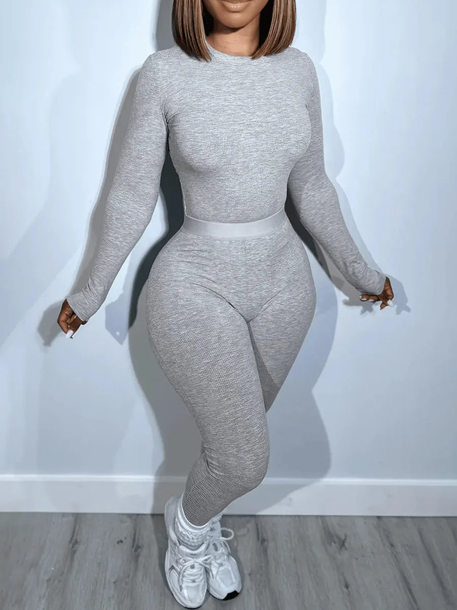 LW Plus Size casual Two pieces sets solid long sleeve Round Neck Top + Skinny Pants Set Autumn sport women's clothing pants sets GRAY