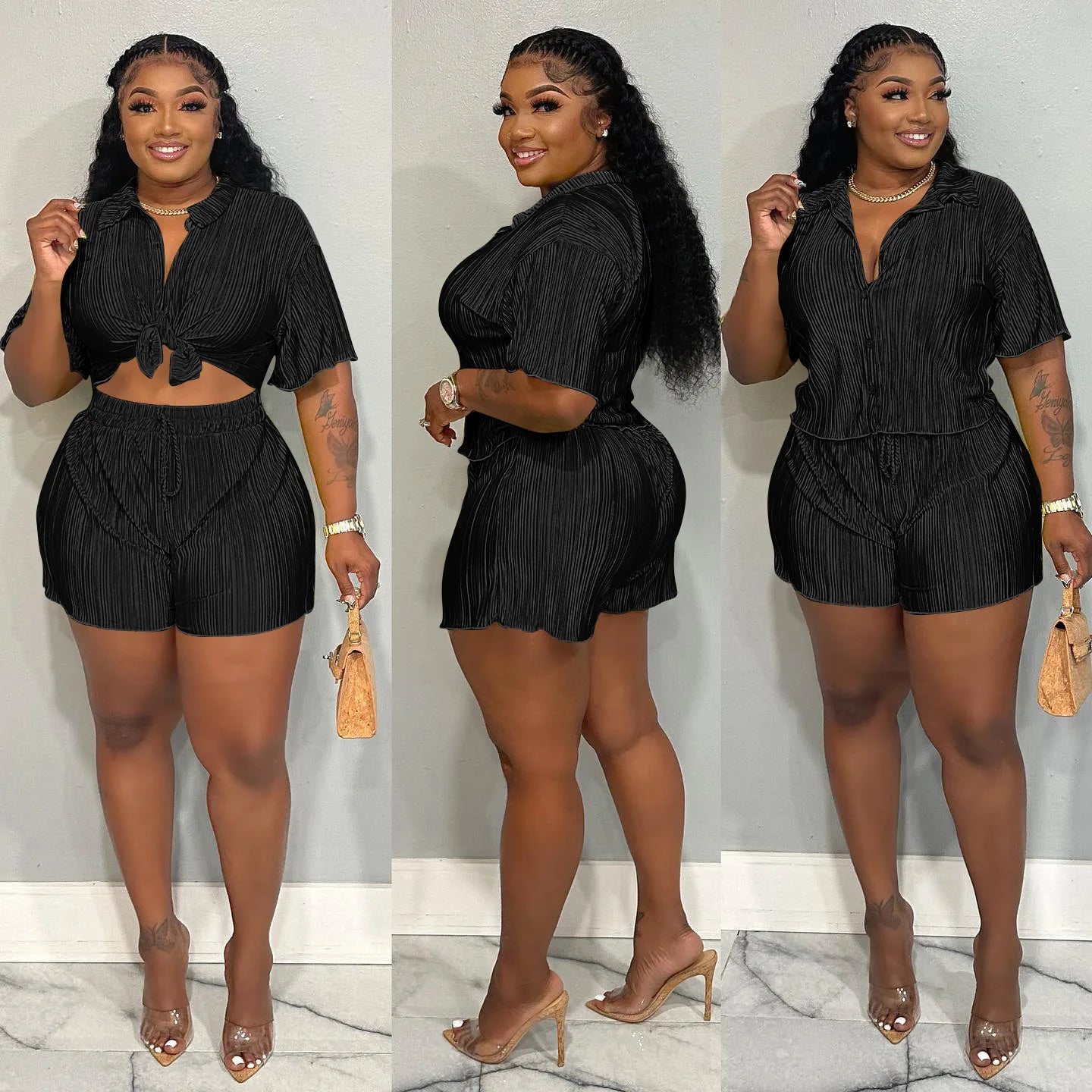 CM.YAYA Street Vintage Pleated Women's Set Short Sleeve Shirt Blouse and Shorts Suit 2023 INS Two 2 Piece Set Outfit Tracksuit black