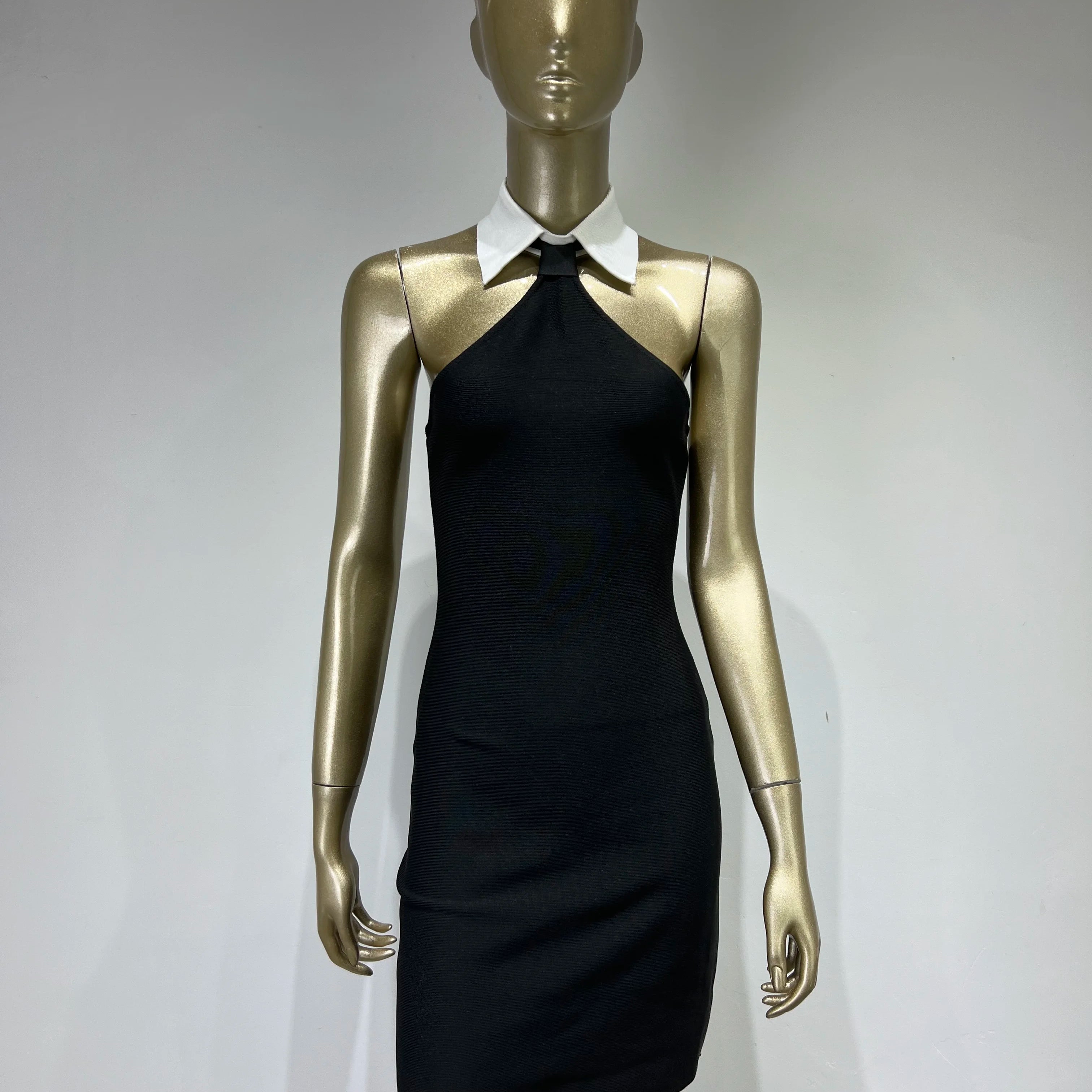 New Women Summer Sexy Patchwork Backless Notched Black White Mini Bandage Dress 2024 Elegant Evening Club Party Dress