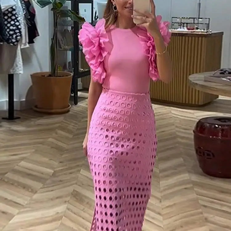 Women Elegant Pink Spliced Pleated Lace Midi Dress Chic Round Neck Sleeveless Hollow Out Robe New Lady Party Slim Vestidos