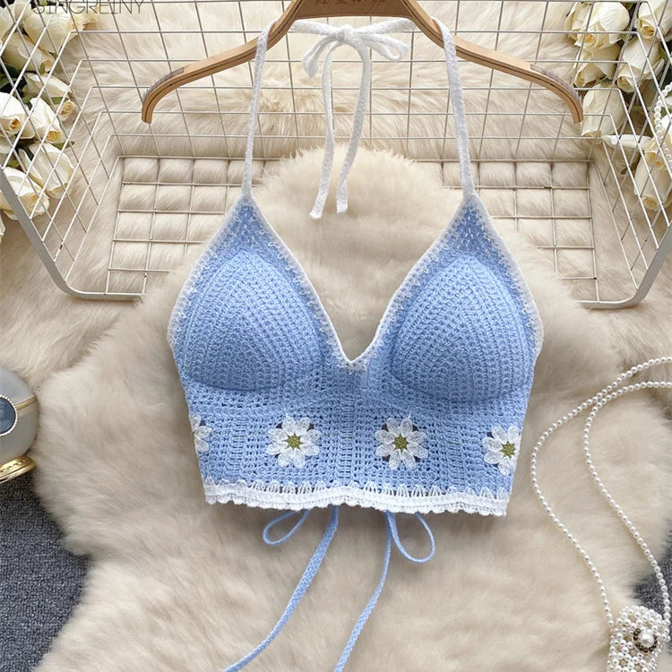 SINGREINY Floral Hook Knit Camisole Women Elegant Backless Fashion Vacation Ladies Backless Summer Bikini Sexy Beach Bra blue One Size