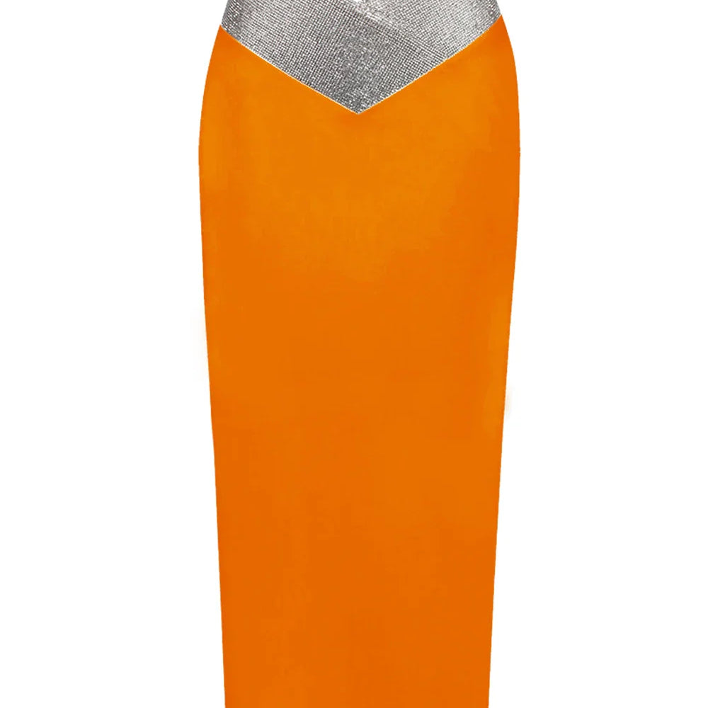Women Crystal Diamonds White Black Bodycon Midi Bandage Skirt Designer High Waist Party Club Pencil Skirt 77cm Orange