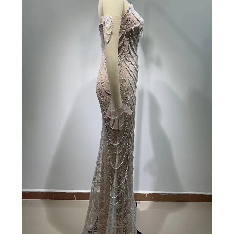 Women Luxury Sexy Strapless Backless Pearl Sequins Maxi Long Gowns Dress 2024 Elegant Evening Party Club Dress Vestido