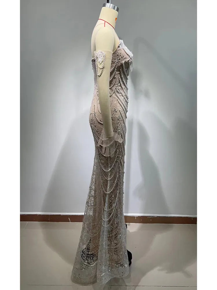 Women Luxury Sexy Strapless Backless Pearl Sequins Maxi Long Gowns Dress 2024 Elegant Evening Party Club Dress Vestido