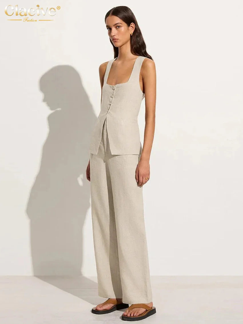 Clacive Summer Slim Khaki Linen 2 Piece Sets Women Outfit Fashion Sleeveless Tank Top With High Waist Pants Set Female