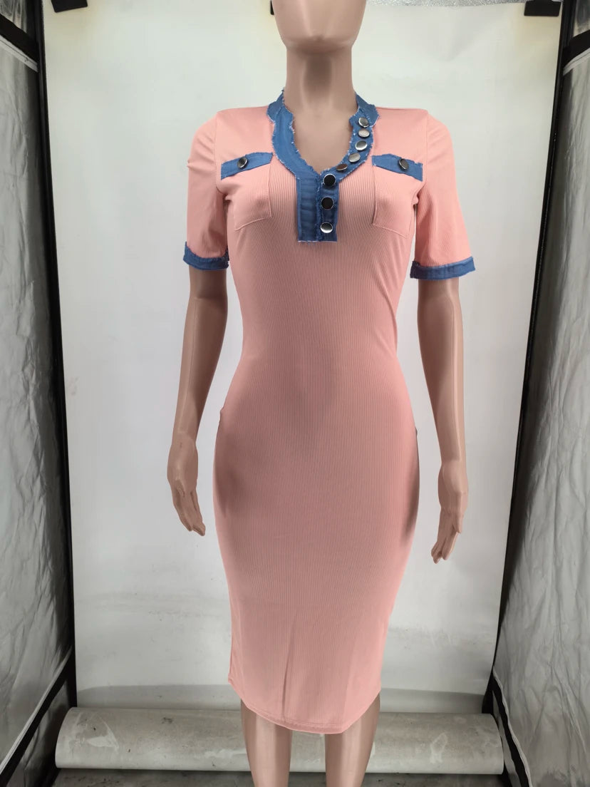 CM.YAYA Women Button Front Denim Splicing V-neck Short Sleeve Midi Dress 2024 Summer Sexy Club Street Party Dresses Vestidos