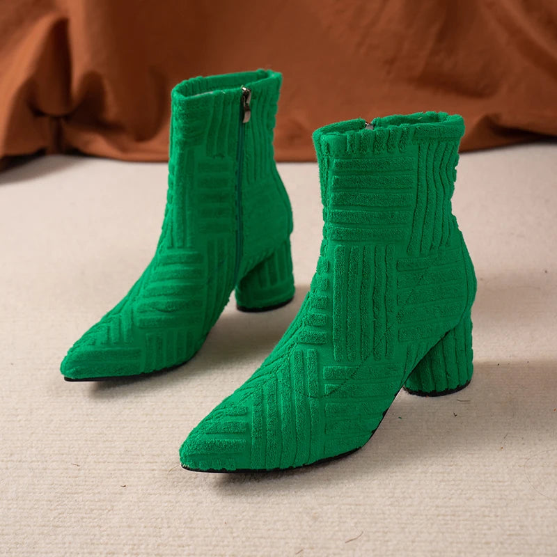 Winter Women's Luxury Brand Thick Heel High Heel Fashion Green Street Style Women's Boots Pointed Women's Boots green