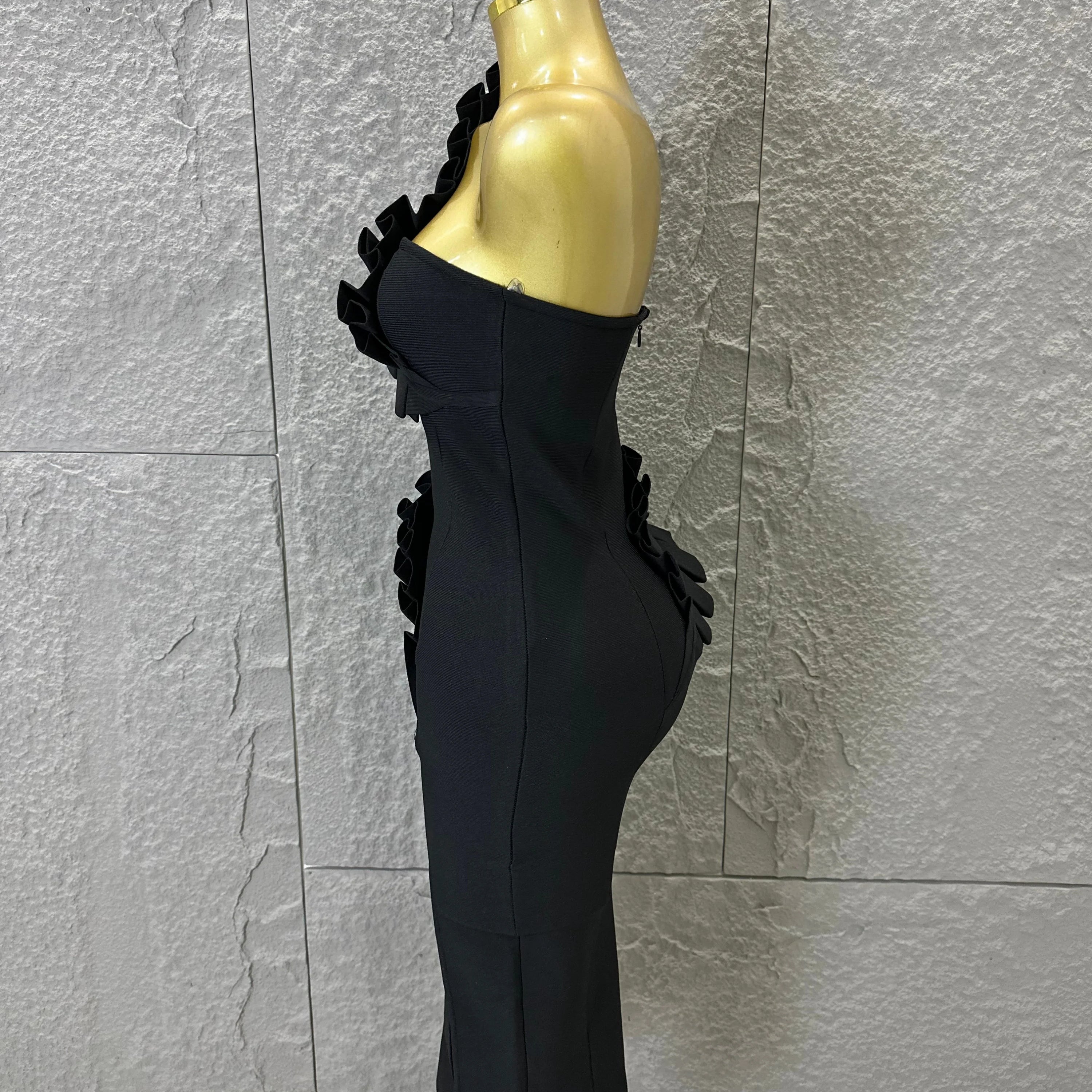 Sexy One-Shoulder Bodycon Midi Dress Women Sexy Ruffle Embellished Waist Cutout High Slit Outfit Evening Gala Party Costume