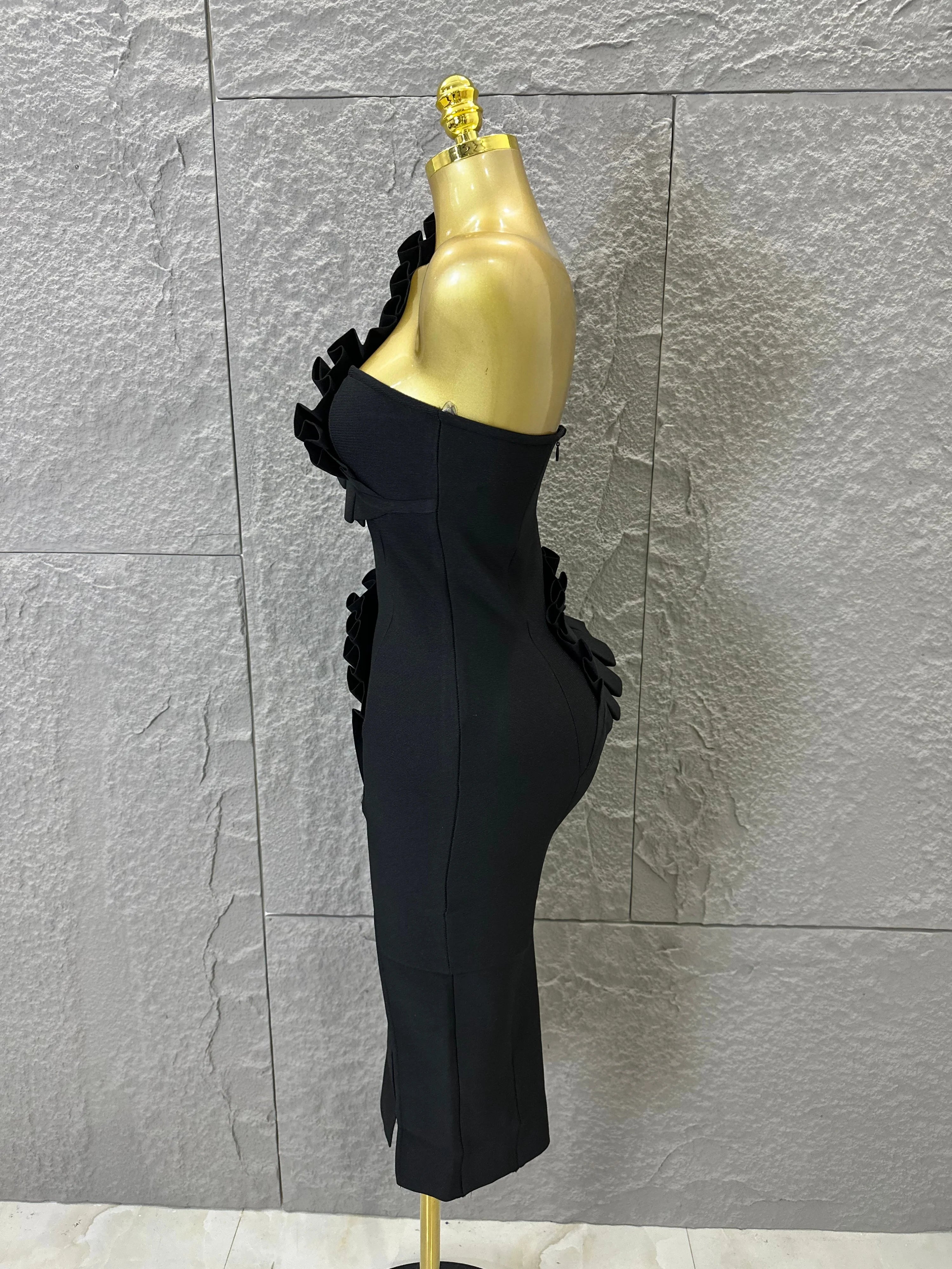 Sexy One-Shoulder Bodycon Midi Dress Women Sexy Ruffle Embellished Waist Cutout High Slit Outfit Evening Gala Party Costume