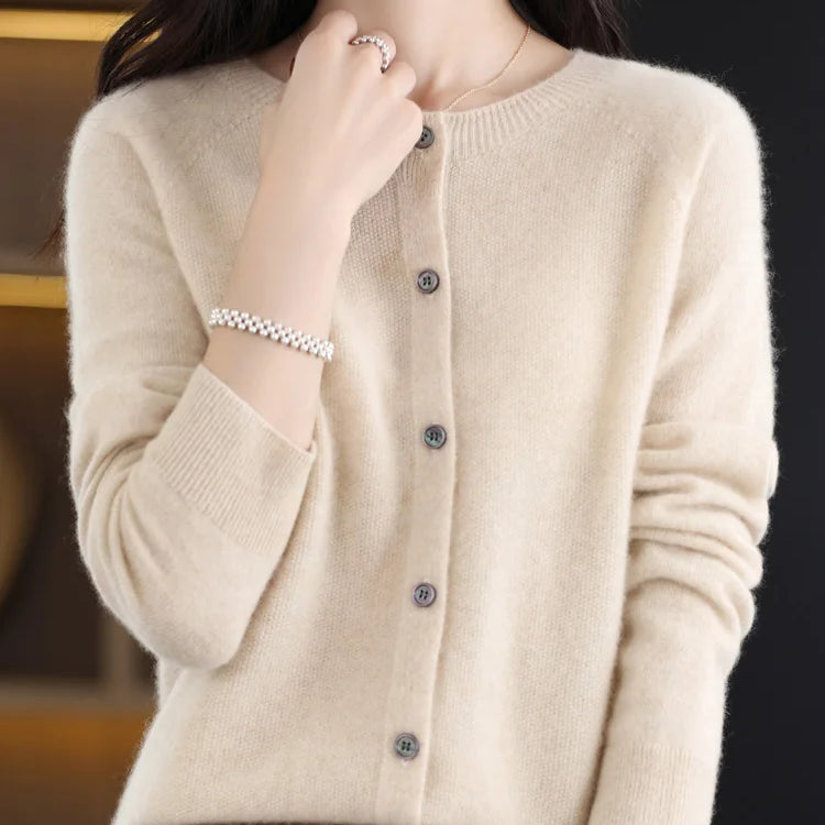 Aliselect Autumn Winter Women 100% Merino Wool Sweater O-Neck Tops Long Sleeve Basic Cashmere Knitwear Cardigan Clothing Coat Beige