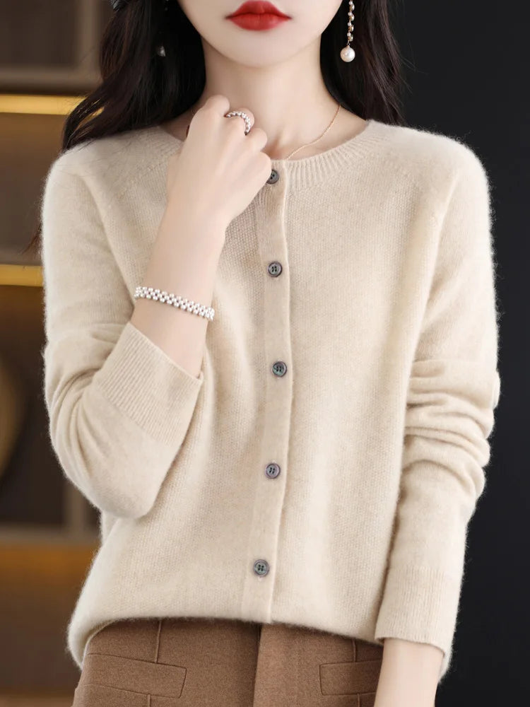 Aliselect Autumn Winter Women 100% Merino Wool Sweater O-Neck Tops Long Sleeve Basic Cashmere Knitwear Cardigan Clothing Coat Beige