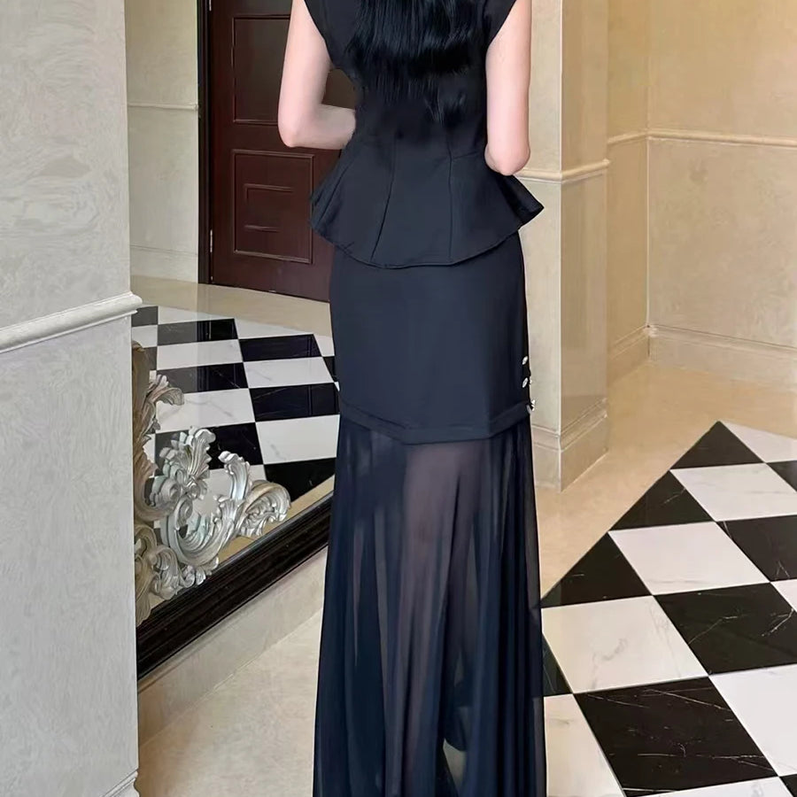 Solid Two Piece Sets for Women Round Neck Sleeveless Patchwork Sequin Vest High Waist Sheer Skirt Set Female New