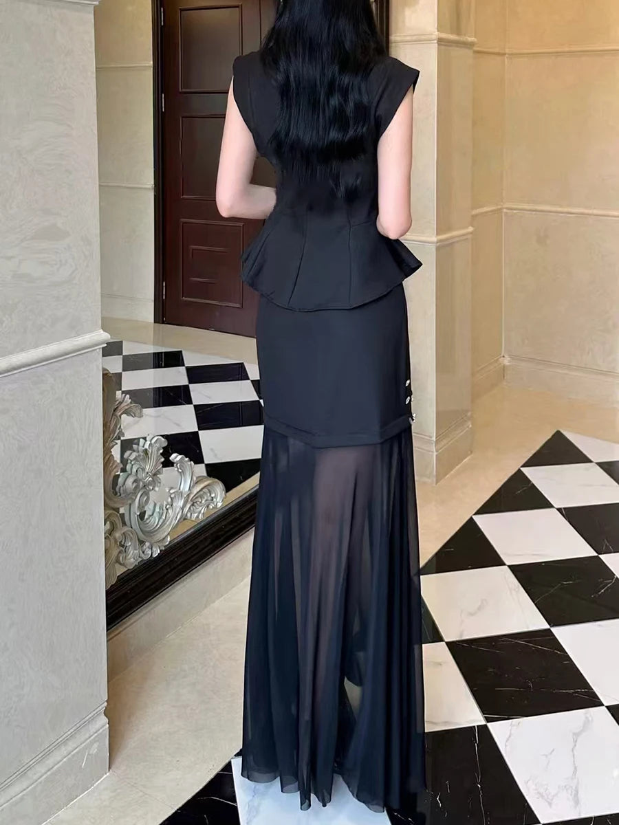 Solid Two Piece Sets for Women Round Neck Sleeveless Patchwork Sequin Vest High Waist Sheer Skirt Set Female New