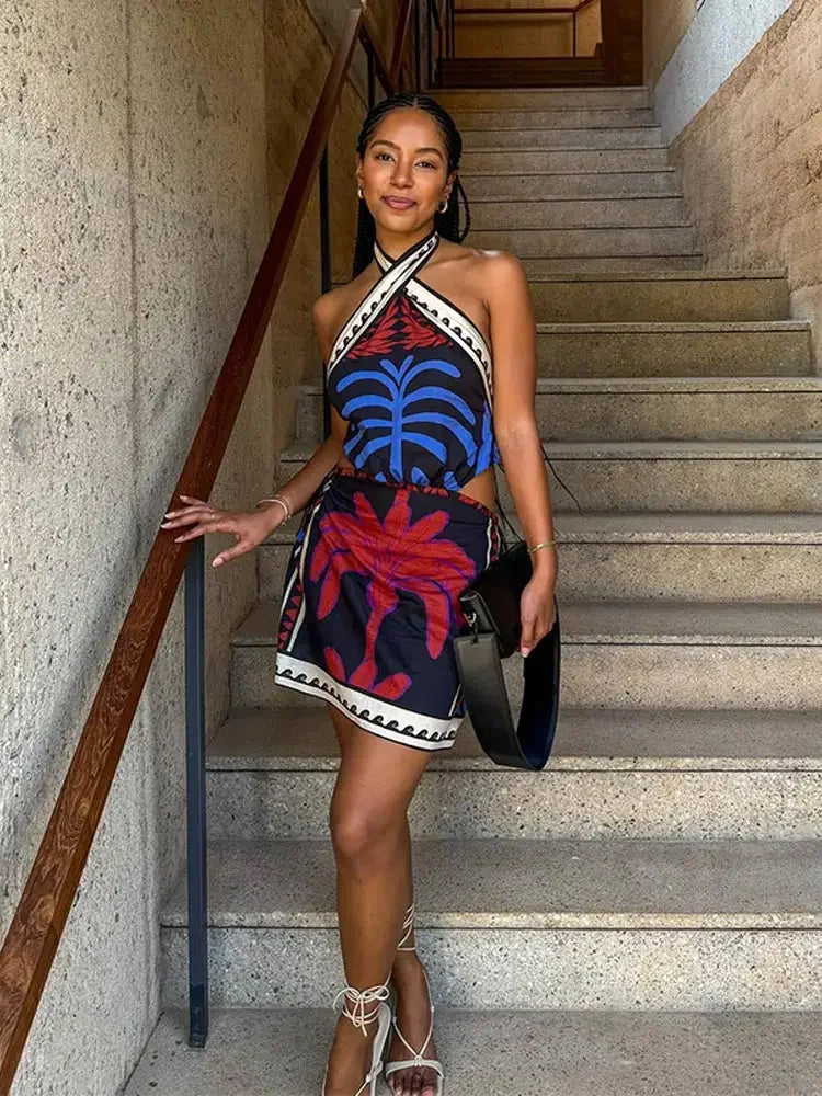 Vintage Printed Backless Halter Off Shoulder Dress Woman Female Sexy Off Shoulder Dresses Summer Print Sleeveless Lady Vestido Blue