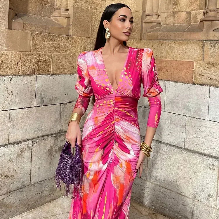Elegant Tye Die Print Pleated Bodycon Maxi Dress Women Vintage Long Sleeve V-neck A-line Dresses Ladies Holiday Party Robes