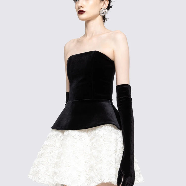 Vintage Glam Party Three-Pieces Strapless Mini Dress Outfit Black Velvet Bustier & White Floral Skirt
