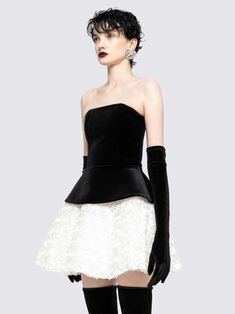 Vintage Glam Party Three-Pieces Strapless Mini Dress Outfit Black Velvet Bustier & White Floral Skirt