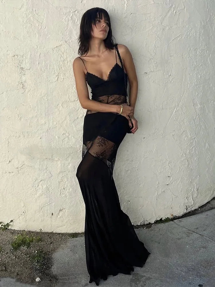 Lace See Through Sling Maxi Dress Women Sexy Slim Black Backless Sleeveless Long Dresses Female Summer Chic Party Evening Robes