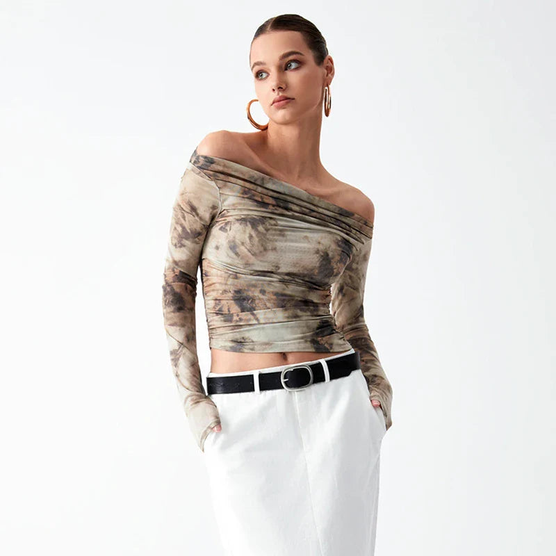 CUTENOVA Spring New Printed Slash Collar Long Sleeve Backless Shrinkage Top T-Shirt Mesh See Through Elegant Top Casual