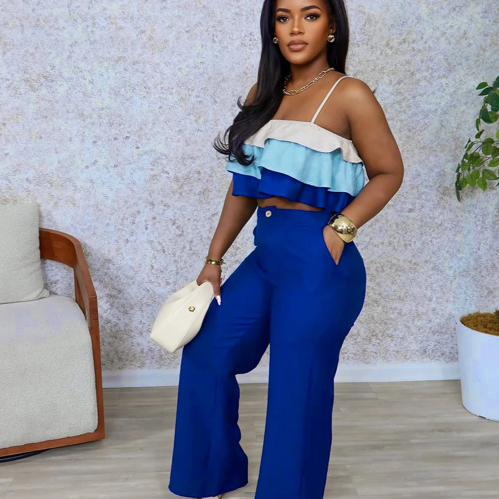 Fashion Party Women's Set Patchwork Cascading Ruffles Strap Crop Top and Wide Leg Suit 2025 Chic Two 2 Piece Sets Outfit