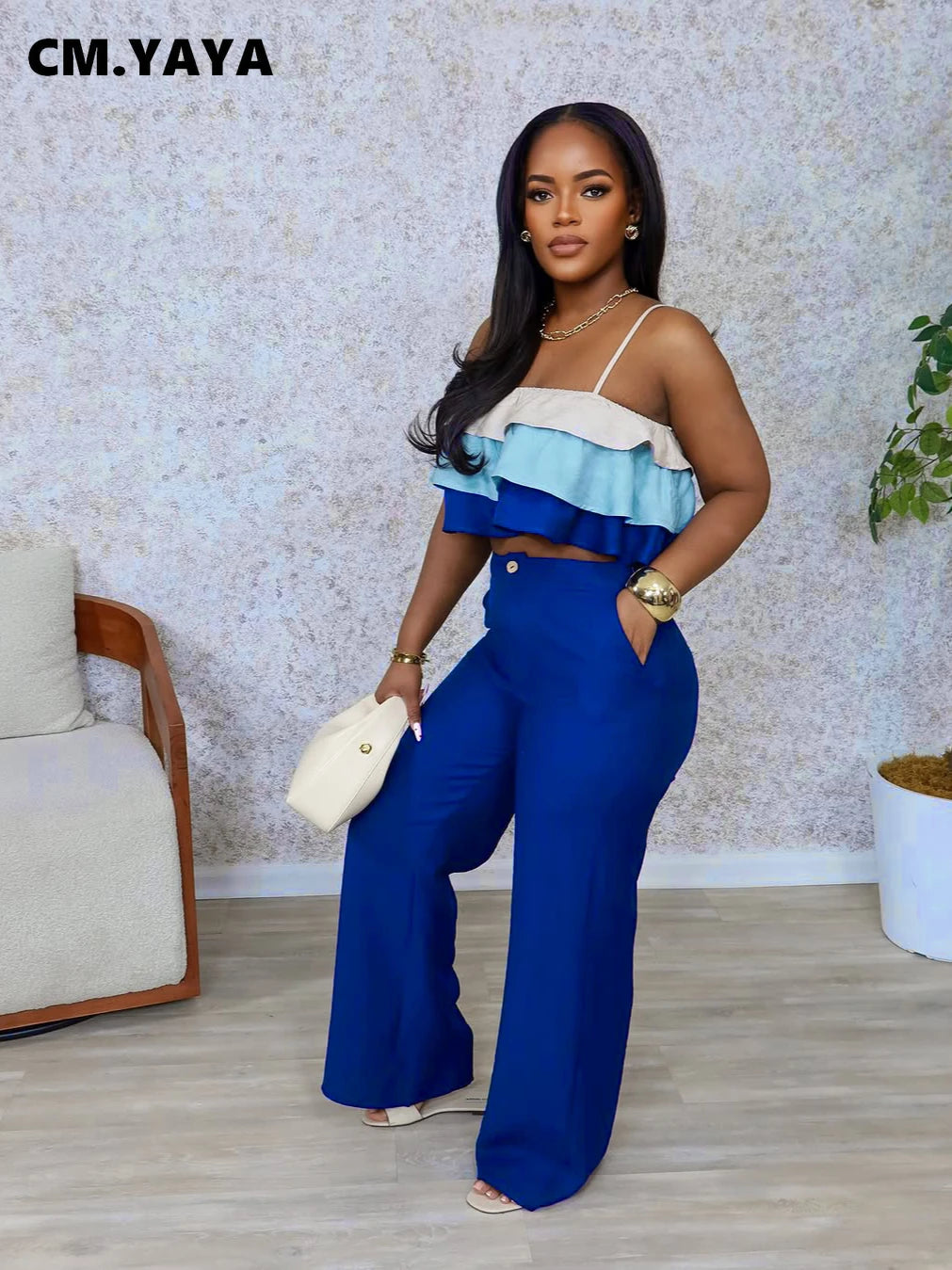 Fashion Party Women's Set Patchwork Cascading Ruffles Strap Crop Top and Wide Leg Suit 2025 Chic Two 2 Piece Sets Outfit