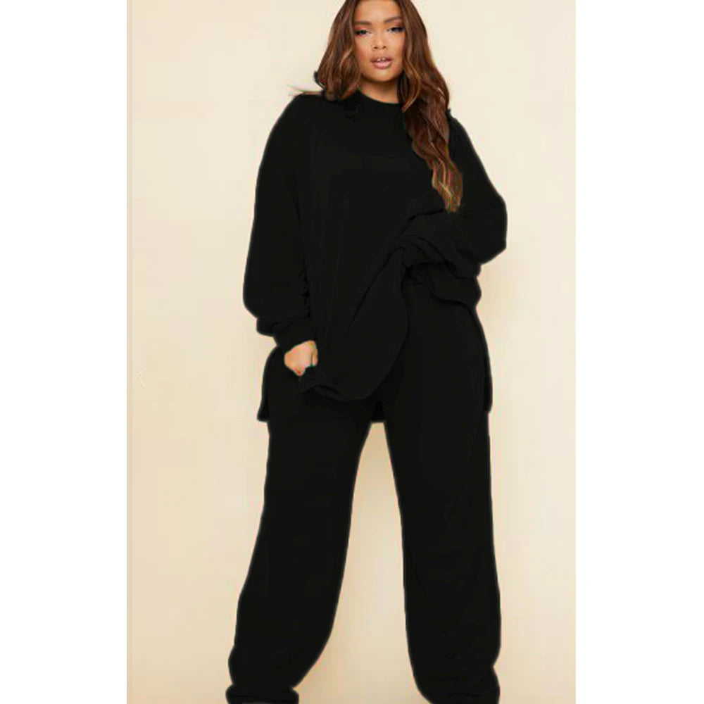 Women's Plus Size Casual Sport Matching Set Cargo Pant and Long Hooded Round Neck Two Piece Set Solid Leisure Loose Outfit Set Black