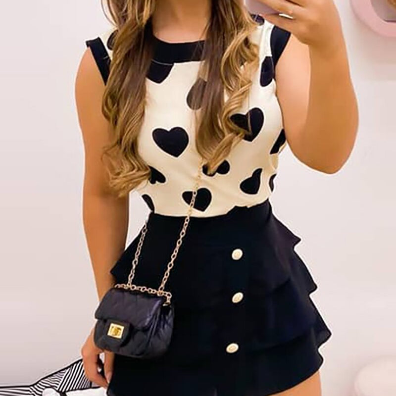 Women Print Heart Round Neck Top &amp; Skirt Set Women Dress Sets