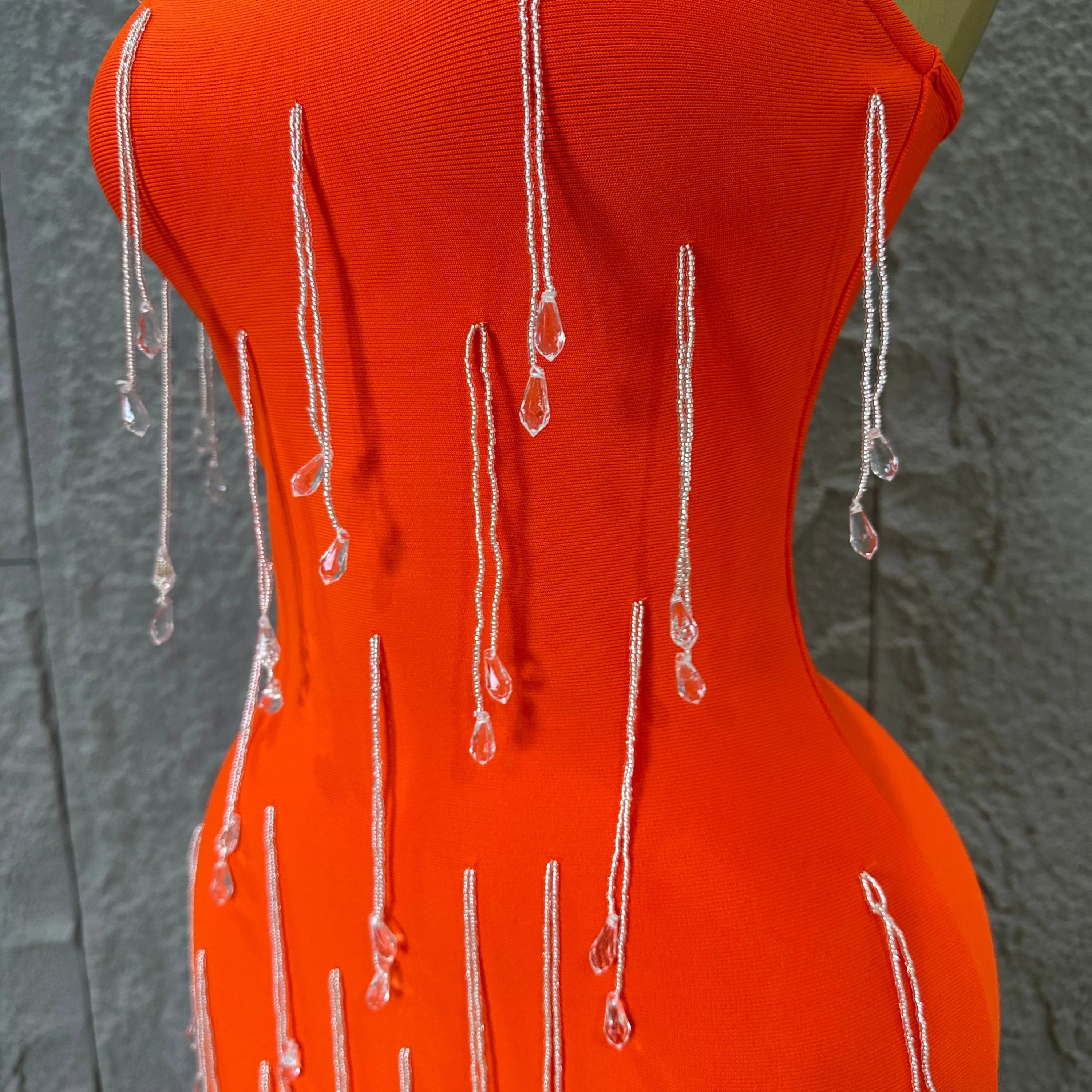 Elegant Orange Crystal Tassel Midi Dress Women Sexy Strapless Rhinestone Fringe Bodycon Slim-fit Outfit Evening Gala Costume