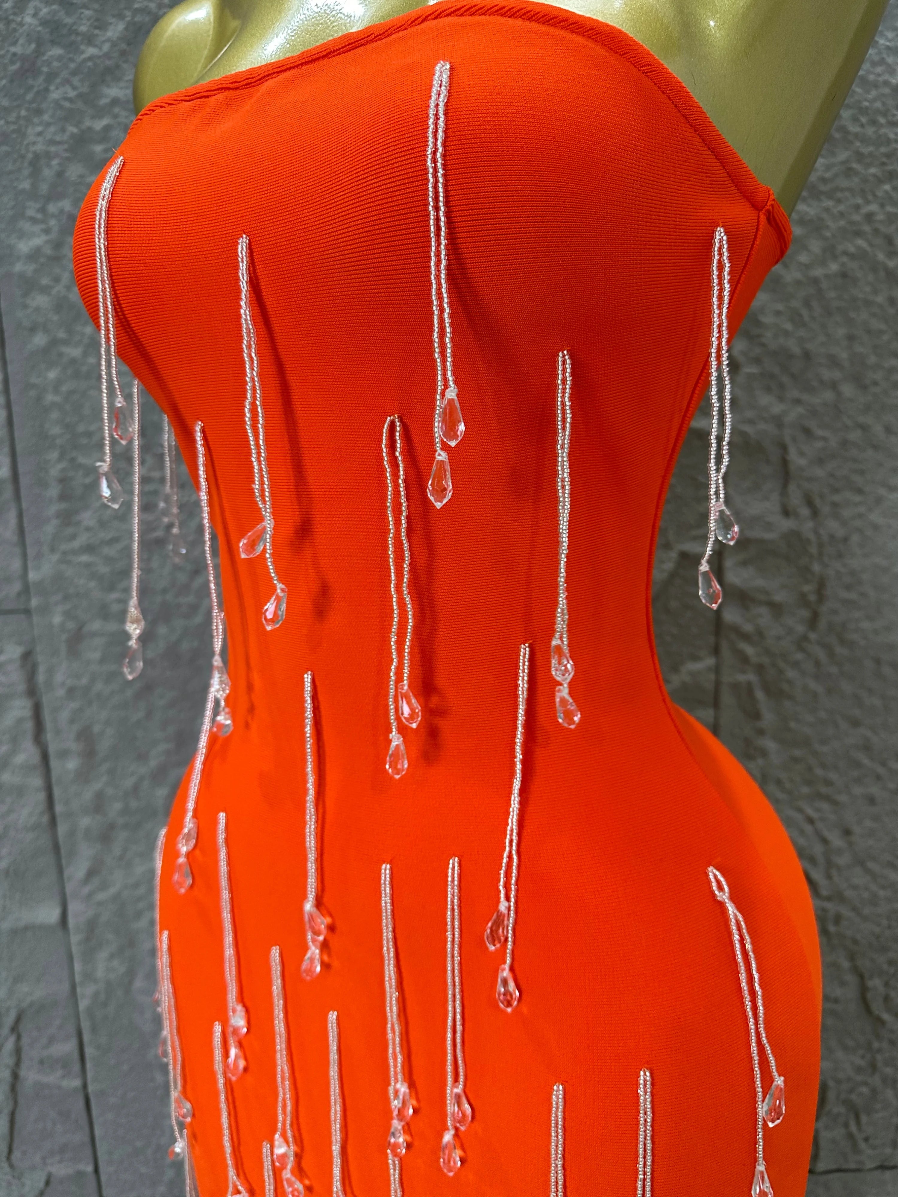 Elegant Orange Crystal Tassel Midi Dress Women Sexy Strapless Rhinestone Fringe Bodycon Slim-fit Outfit Evening Gala Costume