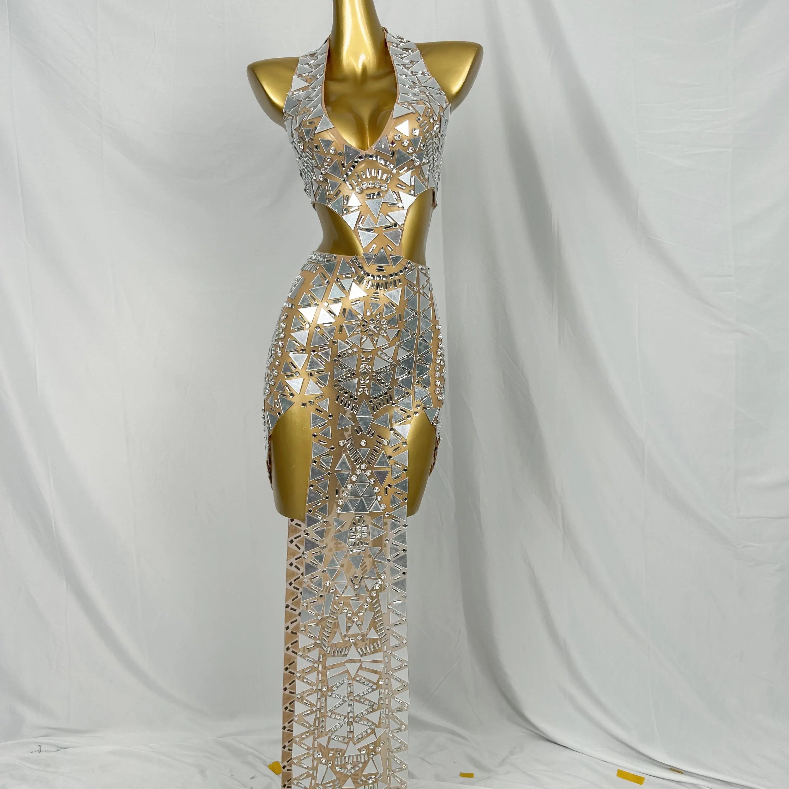 Flashing Mirror Silver Asymmetrical Long Dress Prom Celebrity Evening Party Birthday Gown Female Singer Stage Show Wear Baiwei Silver