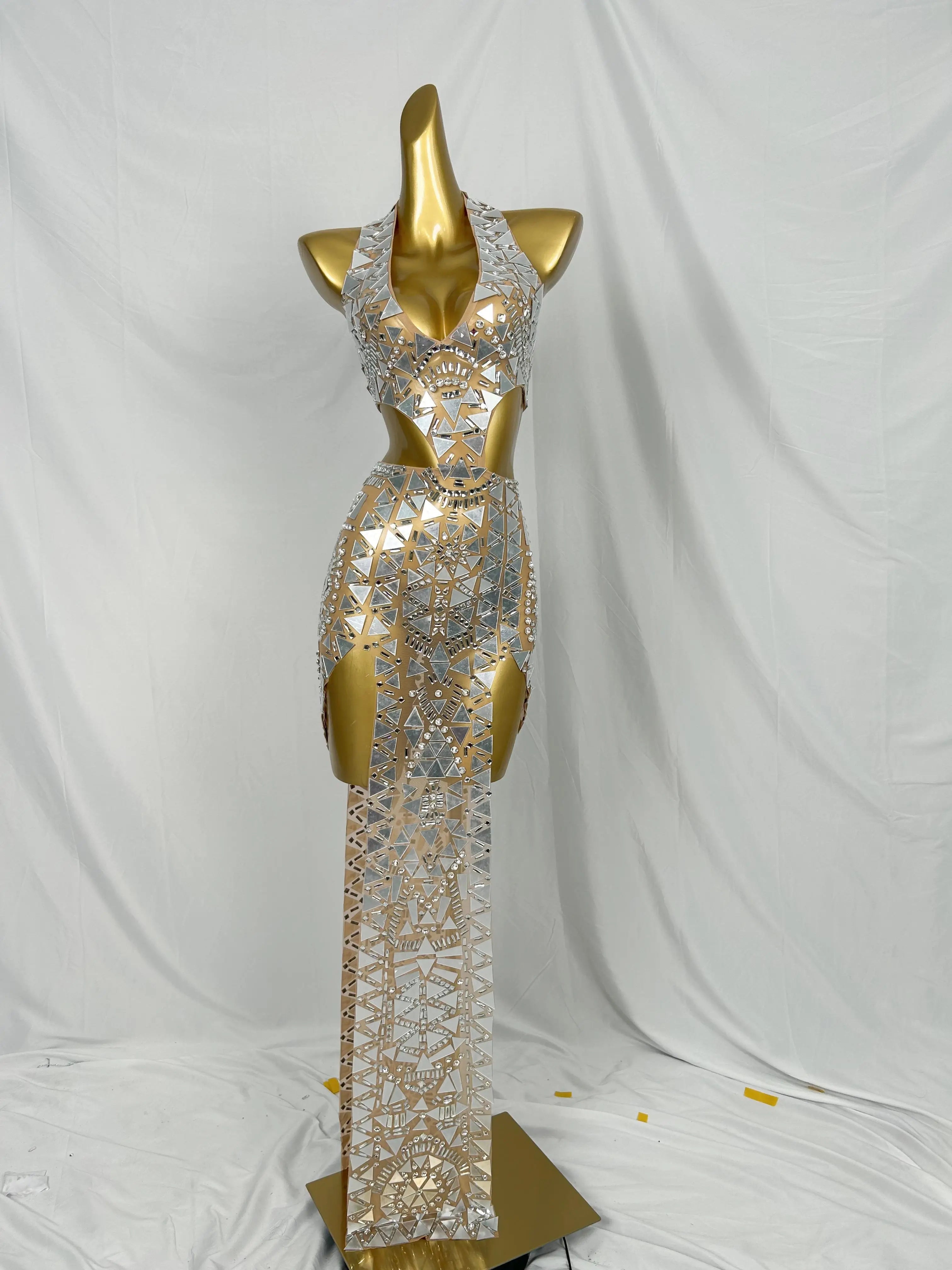 Flashing Mirror Silver Asymmetrical Long Dress Prom Celebrity Evening Party Birthday Gown Female Singer Stage Show Wear Baiwei Silver