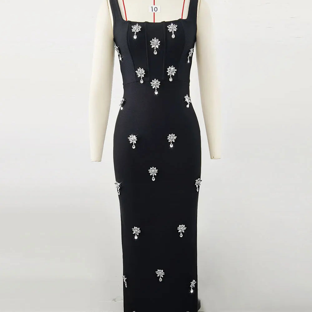 2025 Elegant Women Light Luxury Nail Bead Bandage Dress Camisole Square Neck Sleeveless Bodycon Long Dress Evening Party Vestido black
