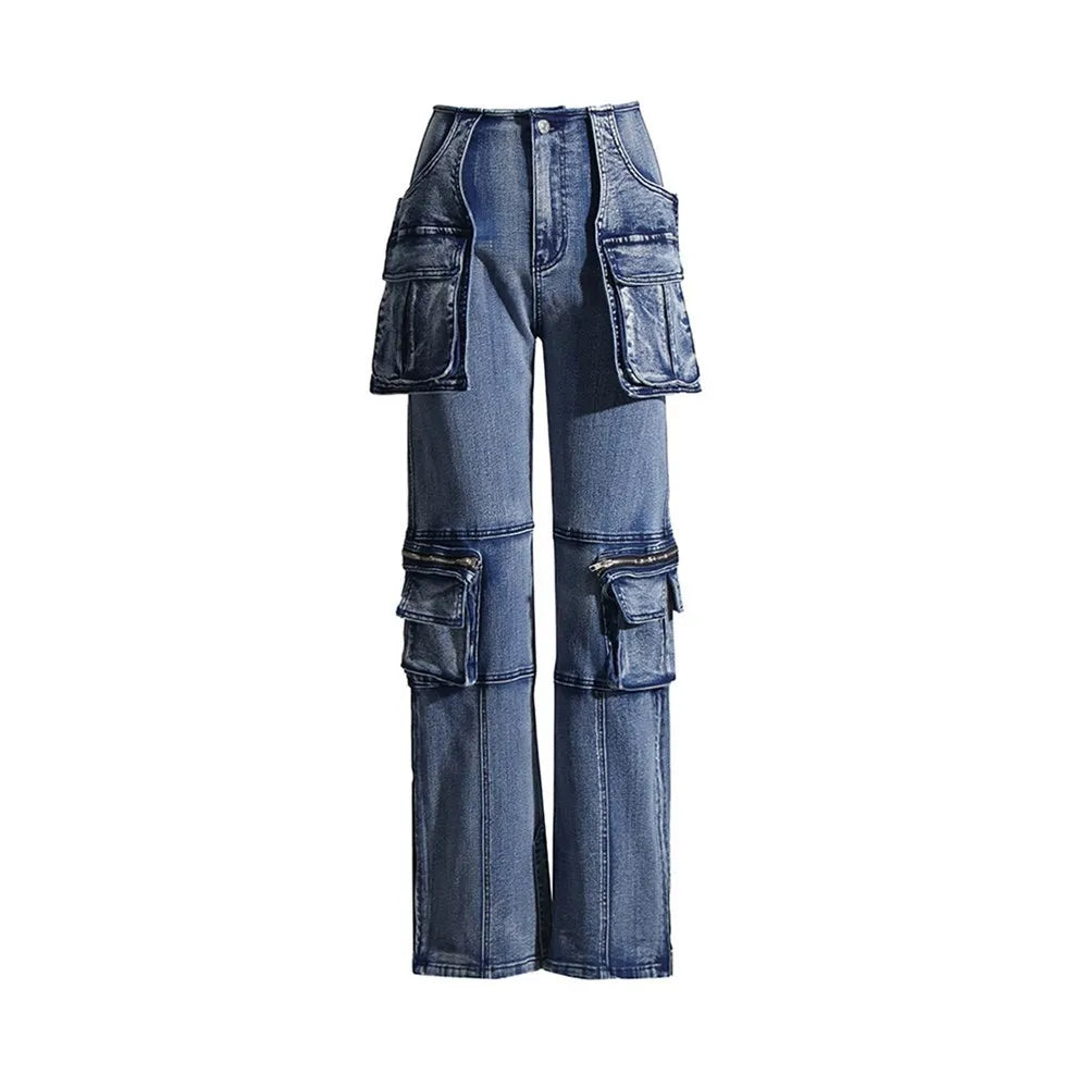 Denim Vintage Two Piece Sets For Women Strapless Sleeveless Tops High Waist Spliced Pockets Pant Casual Set Female BLUE 2