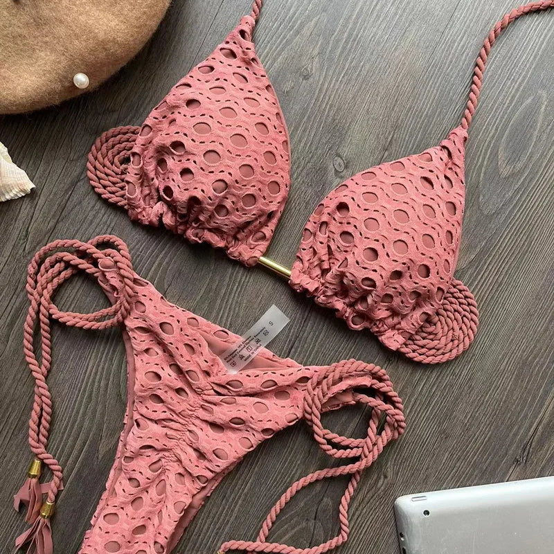Para Praia Hollow Out Bandage Swimwear Halter Bikini Set Thong Swimsuit Women Biquini Brazilian Bathing Suit Beachwear 8283