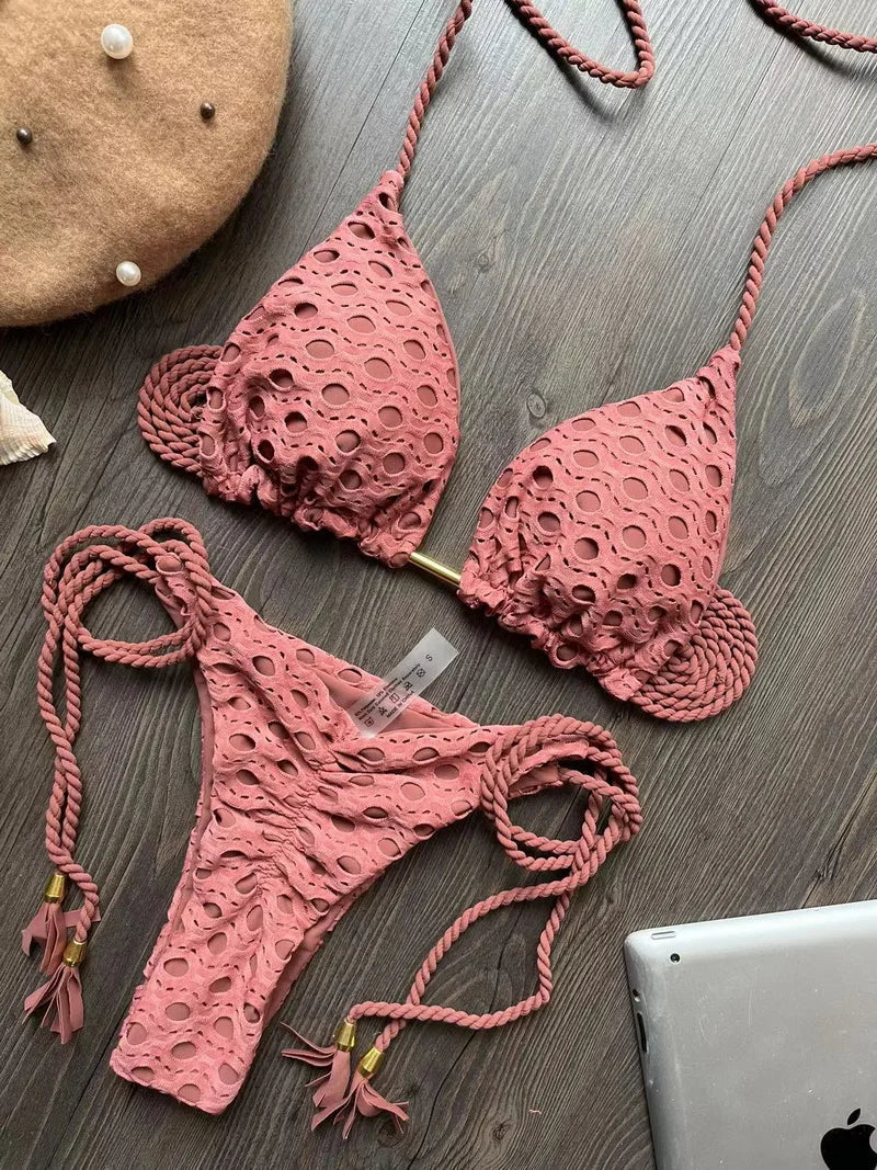 Para Praia Hollow Out Bandage Swimwear Halter Bikini Set Thong Swimsuit Women Biquini Brazilian Bathing Suit Beachwear 8283