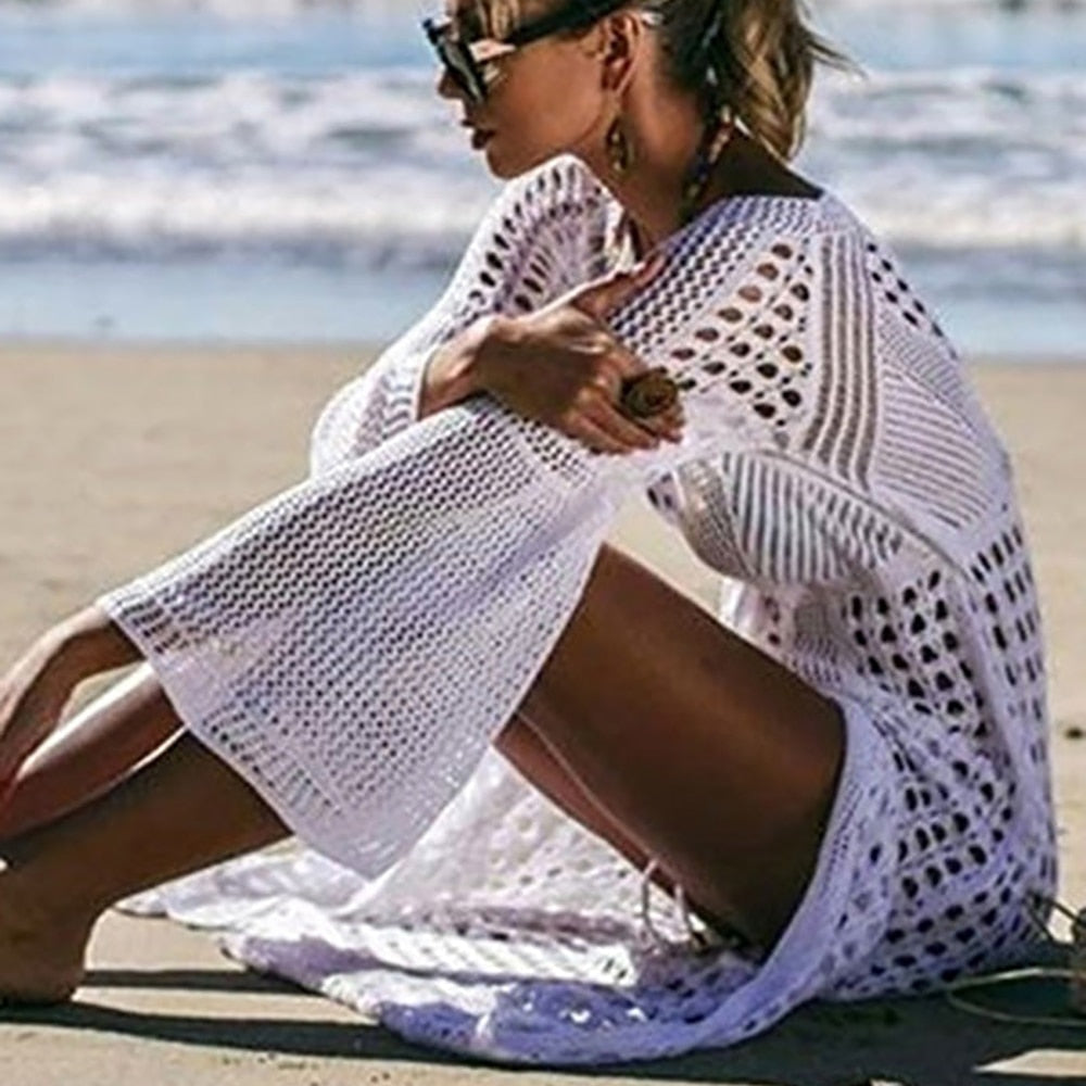 Sexy Empire Hollow Swimwear Cover-ups Long Crochet Dress Beach Outfits for Women One-pieces and Cutout Summer Clothes Swimsuit